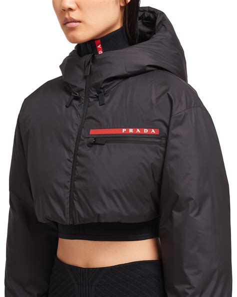 prada women's cropped puffer jacket|slouchy cropped puffer jacket.